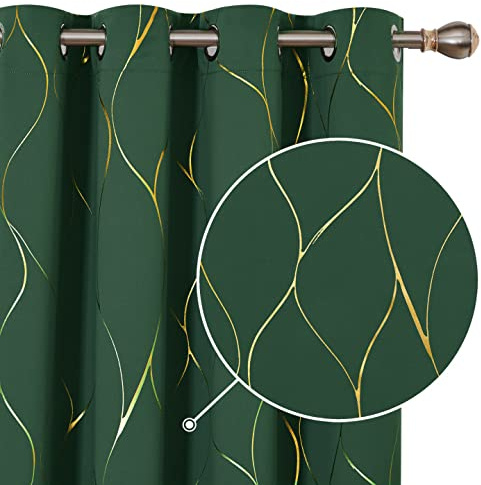 Deconovo Room Darkening Ring Top Curtains, Blackout Thermal Insulated Curtains, Eyelet Gold Wave Foil Printed Eyelet Curtains for Christmas, 46 x 54 Inch (Width x Length), Dark Forest, One Pair