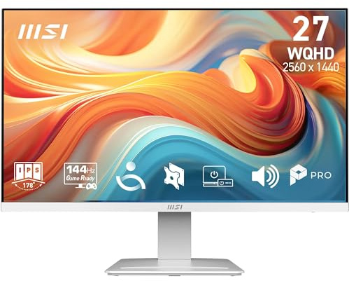 MSI Pro MP273QW E14 Monitor de 27 WQHD, 2560 x 1440 IPS, 144 Hz, 1 ms, Compatible HDR, Adaptive-Sync, Eye Care, Altavoz Integrado, HDMI 2.0b, DP 1.2a, sin Marco, inclinación Ajustable, VESA, Blanco