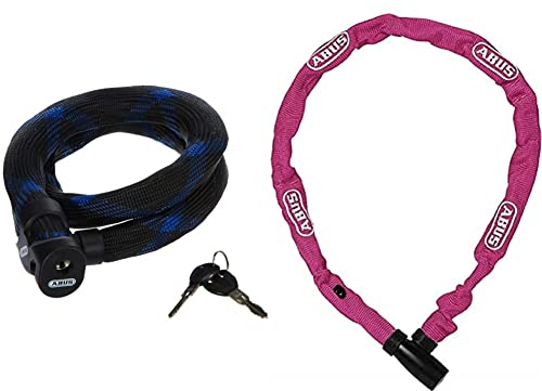 ABUS Panzerkabelschloss Ivera Steel-O-Flex 7200 - Kabelschloss aus Stahlkabel mit Panzer aus Stahlhülsen 85 cm & Kettenschloss 1500 Web – 4 mm dicke Rundkette ABUS-Sicherheitslevel 3 – 60 cm – Koralle
