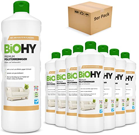 BiOHY Nettoyant premium pour tissus d'ameublement (9 x 1l Bouteille) | Bio concentré pour meubles rembourrés, canapés, tapis & textiles | détachant désodorisant (Premium Polster)