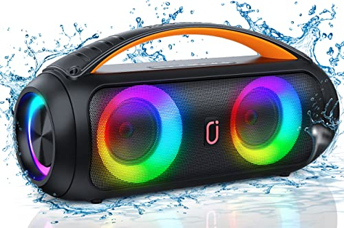 JAUYXIAN Bluetooth Lautsprecher, Tragbarer IPX5 Wasserdicht Lautsprecher Musikbox mit Licht für Draußen, Stereo Sound Laut mit Druckvollem Bass unterstützt USB/TF-Karte/AUX/FM/Rec für Party
