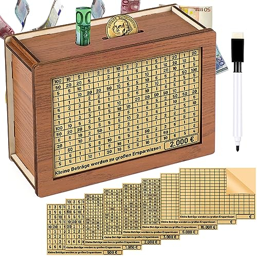 Meetory Spardose Holz, Wiederverwendbare Spardose Mit Sparziel, Spardose mit Ziel, Sparbox mit Zahlen Ankreuzen für Hilft Erwachsene und Kindern Die Gewohnheit Zum Sparen Zu (500€-10000€)