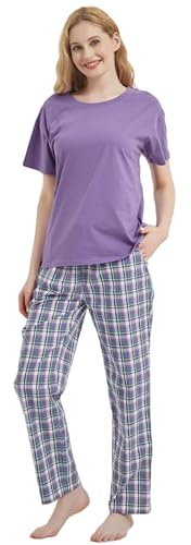 iceBoo Women’s Cotton Pyjamas Set Purple Top & Check Plaid Bottoms with Pockets & Adjustable Drawstring Waist (16/18 Purple (XB32)