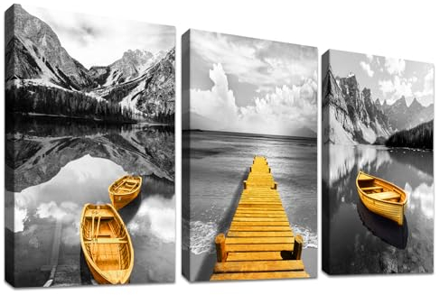 3 Pcs Grau Gold Boot Mit Rahmen Leinwand Bilder Berge und Seepanorama Bild auf Leinwand Malerei Poster Wandbilder Speisesaal Wohnzimmer Schlafzimmer Wanddekoration 90x40cm (12x16x3pcs)