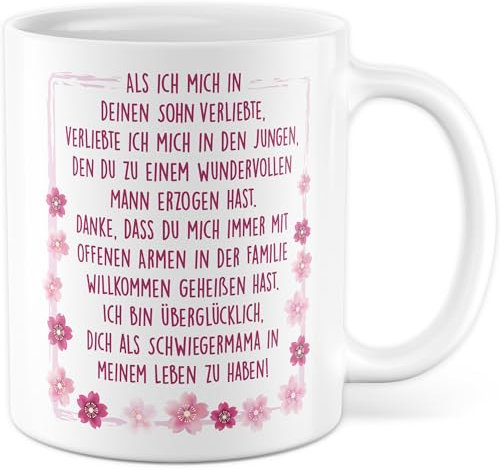 Schwiegermama Tasse mit Spruch - Geschenk Ich bin überglücklich, dich als Schwiegermama in meinem Leben zu haben! - Kaffeetasse 330ml aus Keramik - №1 Schwiegermutter Schwiegertochter Sohn