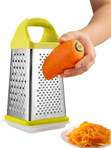 Grattugia a 4 lati – Grattugia per formaggio in acciaio inox | Grattugia lavabile in lavastoviglie con scatola di immagazzinaggio, tagliaverdure, tritatutto alimentari, tagliarote per carote fini