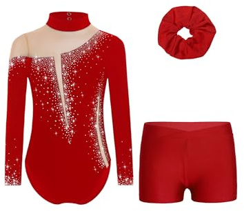 Alvivi Flicka gymnastikdräkt glitter, gymnastikdräkt långärmad gymnastik, leotard med korta byxor, hårband gymnastikbody, gymnastiktröja, gymnastikträning, kläder, B Vinröd, 146-152