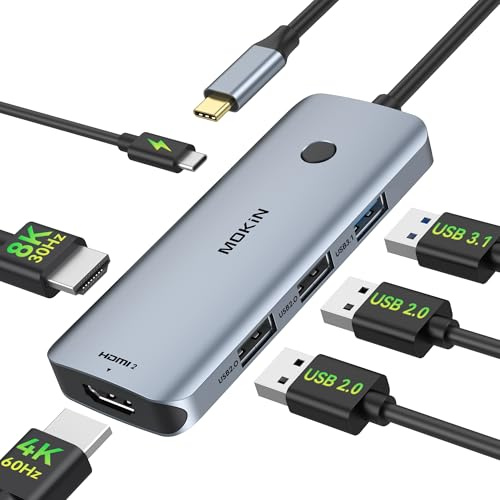 USB C dockningsstation dubbel HDMI-adapter, MOKiN 6-i-1 USB C-nav, dockningsstation för bärbar dator, dubbel skärm med enkel 8K@30Hz HDMI, 3 USB-port, 100 W PD för Dell/HP/MacBook/Lenovo Yoga
