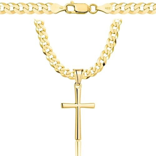 AMAR Cadena de oro para hombre con cruz 585, cadena de oro 925/585 – Cadena de oro macizo 585 macizo – 5 mm, cadena con cruz – Collar blindado para hombre, 60 cm, Oro Plata