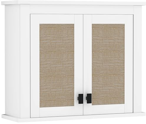 HOMCOM Armario de Pared para Baño Multiusos Mueble de Baño Suspendido Armario Colgante de Almacenamiento con 2 Puertas de Ratán PE Estante Ajustable 60x19,5x49,4 cm Blanco