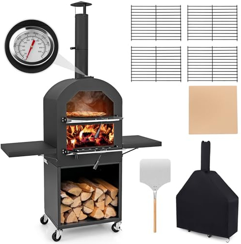 COSTWAY Outdoor Pizzaofen, holzbefeuerter Pizzabackofen mit Rädern, Abdeckung, 30,5 cm Pizzastein, Pizzaschaufel, Grillrosten, Thermometer, Holzbackofen mit Stauraum für BBQ, Camping