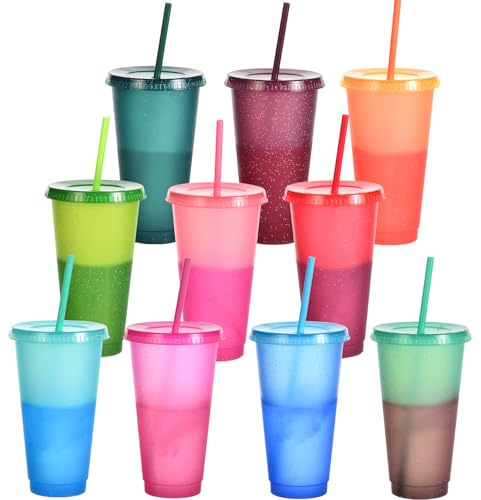 Yisituo Lot de 10 gobelets de 710 ml, avec couvercle et paille, gobelets en plastique réutilisables pour enfants, pour fêtes, smoothies et voyages (10, paillettes)
