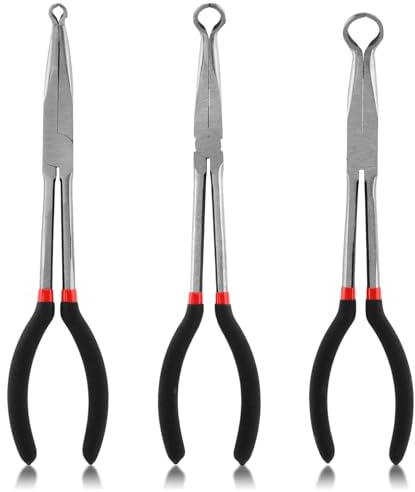3pcs 11'' Hose Gripper Plier Set,Dia 5/16 Inch,1/2 Inch,3/4 Inch Ring Nose Hose Pliers,Long Reach HoseGrip Pliers,Offset Spark Plug Boot Removal Plier for Narrow Space