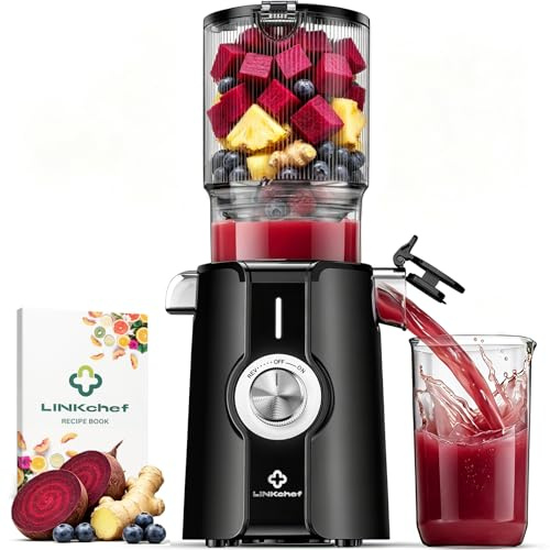 LINKChef extractor de zumos y verduras, boca ancha de 115 mm para frutas y verduras enteras, slow juicer 200W licuadora prensado en frío, 1,2 L, fácil de limpiar, sin BPA