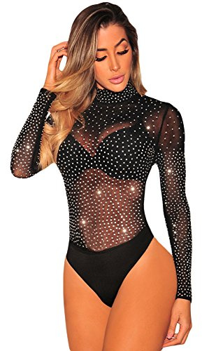 NBBNYJ Body Nero Donna Elegante Vintage Bodysuit Estivi Mesh Daimonds Manica Lunga Blusa Camicie Top Tuta Abbigliamento Nero M