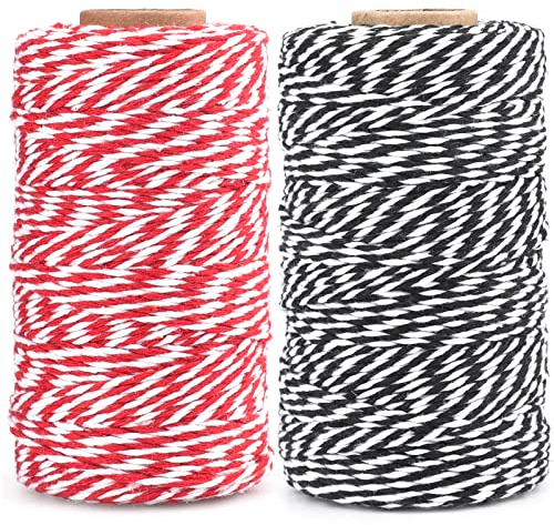 G2PLUS 100 m Cuerda de Algodón Rojo y Blanco + 100 m Cuerda Negro y Blanco, Cordel de Navidad para Envolver Regalos, Manualidades, Decoración y Horneado