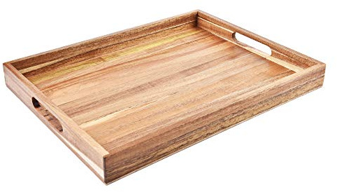 Bandeja de madera de acacia con asas (17 pulgadas) – Bandeja decorativa para servir en la cama, almuerzo, cena, aperitivos, patio, otomana, mesa de café, barbacoa, fiesta, ideal para regazo y sofá