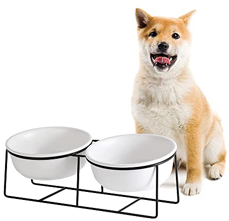 Hundenapf Keramik - Futternapf Hund Katzennapf - Futterstation Hund Katzen Erhöht mit Ständer - Doppel Fressnapf Wasser Futter Napf für Große Katzen und Mittelgroße Hunde - 850 ml × 2