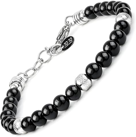 10:10 Bracciale Uomo Donna Tormalina Nera Naturale 6 mm – Beads in Acciaio Inox, Braccialetto Regolabile, Comodo e Resistente all’Acqua – Idea Regalo, Made in Italy