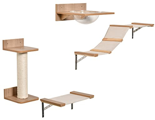 PawHut 4PCs Wall-mounted Cats Climbing Shelf Set Cat Tree Kitten Perch Activity Center with Hammock Scratching Post Jumping Platform Brown