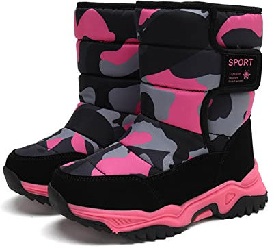 FLIOZY Bottes de Neige Enfant Chaude Doublure Bottines D'hiver Garçon Fille Extérieur Antidérapantes Fourrure Sole Souple Bottines Rose Camo 26