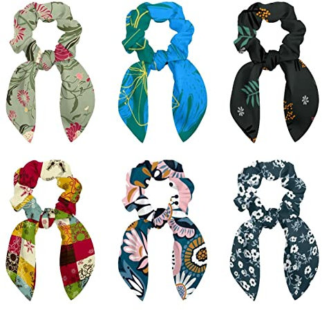 6 Pcs Hair Scrunchies - Florals Pattern with Palm Leaves Hair Scarf Scrunchy with Ribbon Bow, Elastic Hair Ties Ponytail Holders for Women Teenage Girls