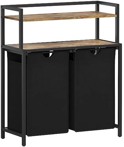 Lifewit Wäschekorb 2 Fächer, 95L/47.5 x 2L Wäschesammler mit 2 Ablage, Laundry Baskets mit herausziehbaren Säcken, Wäschesortierer für Waschküche Schlafzimmer, Rustikal Braun &Schwarz