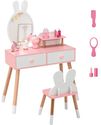 RELAX4LIFE 2 in 1 Toeletta Trucco Bambina con Specchio e Sgabello, Set Tavolo da Trucco con 2 Cassetti, Centro di Bellezza, Giocattolo da Trucco per Bambini dai 3 ai 7 Anni (Bianca)