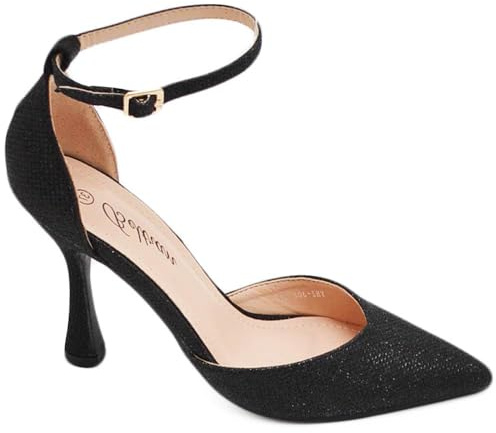 Malu Shoes Decollete Donna in Glitter Nero con Cinturino alla Caviglia e Tacco a Base Stabile 10 cm Elegante Comodo (39 EU)