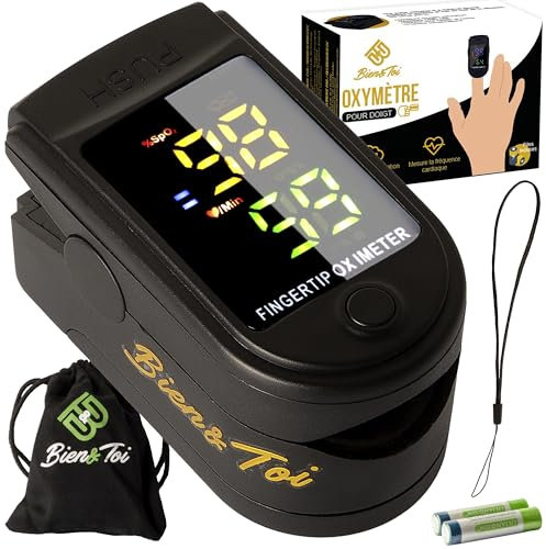 Oxymètre de doigt professionnel/écran à LED/saturomètre de pouls/moniteur de fréquence cardiaque électronique/saturation en oxygène/capteur d'oxygène/sac de transport/piles incluses/notice en Français