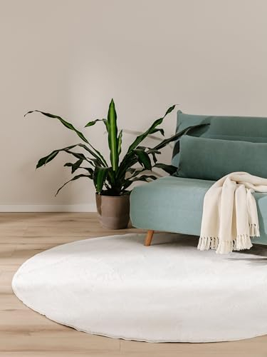 benuta Basic Kunstfaser Fellteppich Furry - Creme Rund 120 cm - Weicher Wohnzimmerteppich - Anti-Rutsch-Rückseite - Waschbar - Für Fußbodenheizung geeignet