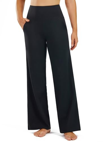 PERSIT Yoga Pants Straight Wide Leg Trousers for Women - High Waist Stretch Tummy Control Pants Yoga Trousers 29'' Suitable for Gym, Casual, Jogging, Yoga Black XL