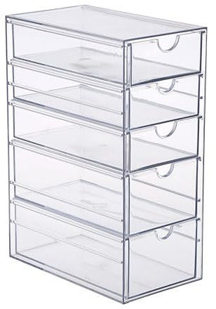 SUMTree Boîte de rangement transparente en acrylique pour accessoiresde coiffure avec 5 tiroirs, organisateur de tiroir pour la salle de bain, le placard, l’armoire, le bureau, 25×17×10cm