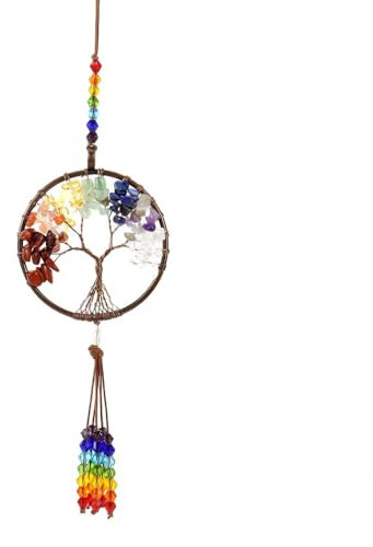 RAMGLYO Árbol de la Vida, Adorno Colgante para Espejo retrovisor del Coche, Piedras de 7 Chakras, Colgante de Cristal curativo, Reiki, Buena Suerte, meditación, decoración para Ventana (Colorido)