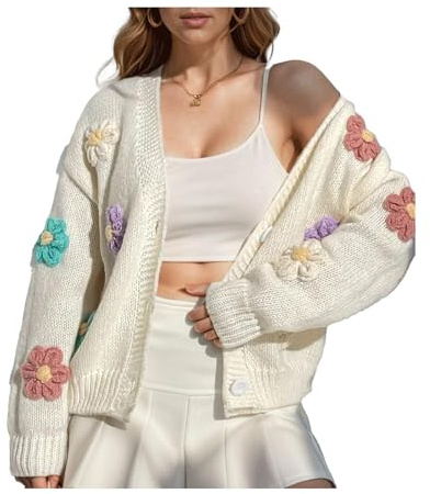 INFJMH Cardigan d'automne Y2k pour Femmes, Pull à Manches Longues, Ouvert sur Le Devant, Broderie de Fleurs, Manteau d'extérieur en Tricot, Tenue esthétique en Crochet