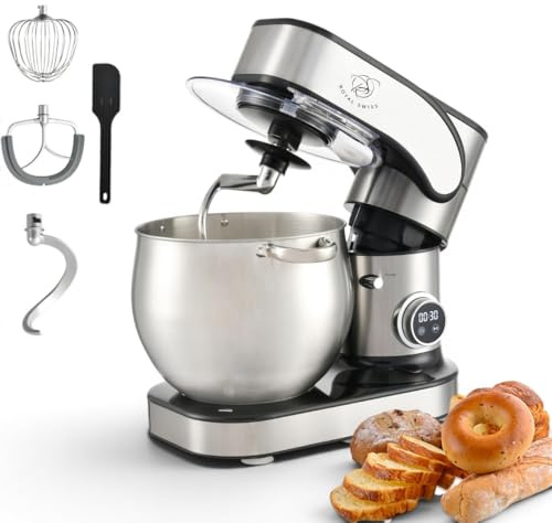 Royal Swiss Robot Pastelero Profesional 12L 2000W Mezcla Planetaria, Pantalla LED Táctil, 12 Velocidades, Cuenco Inox, Tapa Antisalpicaduras Gancho, Batidor, Batidora Multifunción