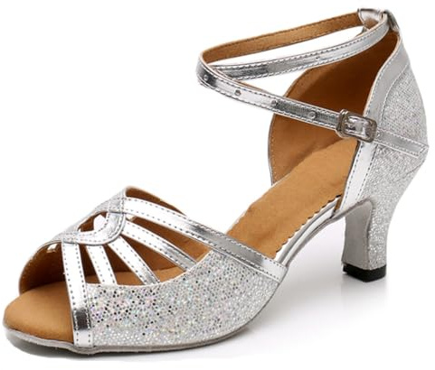 MINITOO Bekväma Latina Salsa-skor glitter kväll bröllop sandaler, X025 Silver Häl 6 Cm, 40 EU