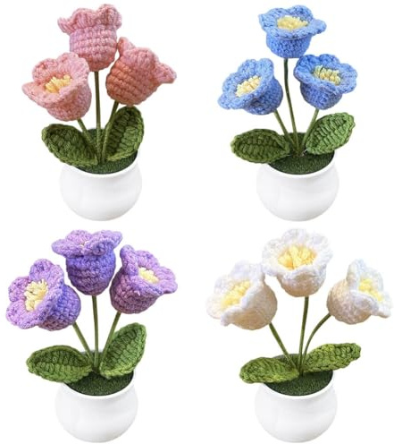 Magicherry 4 Pieces Mini Potted Crochet Flowers Handmade Knitting 3Head Lily of The Valley Artificial Woven Orchid of The Bell Flowers for Car Dashboard Home Office Table Decor
