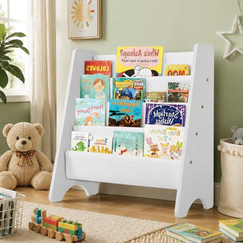 CROWNSHOP Kids Bookshelf 4 Layers Wooden Book Shelf Room Display Rack Kids Bookcas with Soft Canvas Suitable for Kids Room and Nursery White 61 * 60 * 26.5 CM
