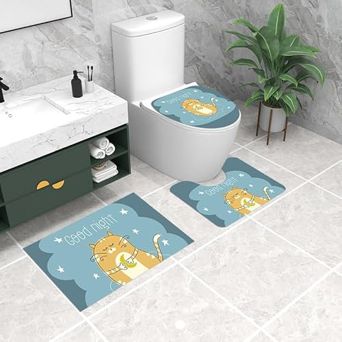 Badezimmerteppich Gelbe Grüne Katze WC Vorleger mit Ausschnitt WC Deckelbezug 3 Teiliges WC Teppich rutschfeste Badgarnitur U förmiger Badematte Waschbar Bad Teppiche Set 50x80 cm