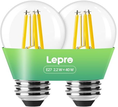 Lepro G45 E27 Screw Bulb A-Rated, Warm White, 2.2W = 40W, 470LM, Pack of 2 | Ultra Efficient 213lm/W, 50000H Lifespan, Save 94% Energy, E27 Golf Ball Bulb, Edison Screw ES, 2700K, Non-dimmable, 45x77mm