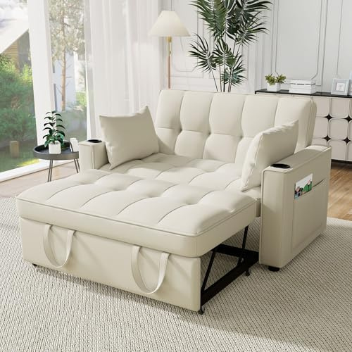 Merax Canapé-lit 2 places avec fonction lit, Canapé convertible 3-en-1 rabattable avec dossier réglable, porte-gobelets et poches d’accoudoirs, en velours, Beige 137 x 76,5 x 83 cm