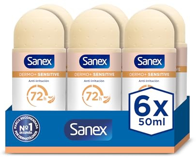 Sanex Dermo+ Sensitive Desodorante Antitranspirante Roll-On 72 Horas Pack 6 x 50ml - Protección eficaz contra el sudor y el mal olor – Dermatológicamente testado – 0% alcohol* - Para piel sensible