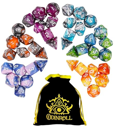 ODINROLL Jeu de Dés Polyédriques, 42 Pièces - 6 Sets Dés JDR avec 1 Pochette pour Dungeons and Dragons D&D RPG MTG Jeux de Table, Incluant D20, D12, D8, D6, D4, D10 (0-9) & D10 (00-90)