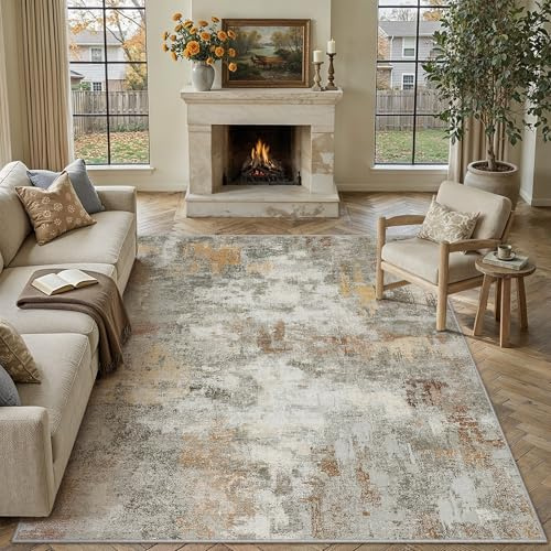 PureCozy Abstraktes Teppich Wohnzimmer 200x300cm rutschfest Kurzflor Kunstwolle Schlafzimmer Teppich Waschbar Minimalistisch Bettvorleger Teppiche Orange-Grau für Wohnzimmer Schlafzimmer Bereich Dekor