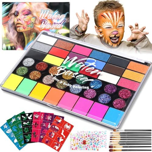 Face Body Painting Kit for Kids,42 Colors Safe Non-Toxic Face Paint Palette with 10 Paint Crayons, 6 Painting Stencils and 2 Diamond Stickers,Party Makeup Set for Halloween Christmas Cosplay