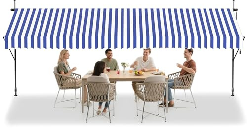 Aufun Klämmarkis med handvev balkong 400 x 120 cm, blå och vita ränder, balkongmarkis utan borrning, markis, solskydd av polyester, UV-resistent och höjdjusterbar, terrasstak