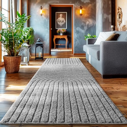 HomebyHome Teppich Läufer 80x250 cm Grau Hochflor Skandi Boho Design Hoch-Tief Effekt Weicher Shaggy Langflor Flauschig Pflegeleicht Modern für Schlafzimmer, Flur