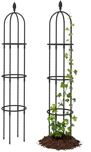 Outsunny Set di 2 Supporti per Piante Rampicanti Alti 1.74 m, Traliccio per Rampicanti da Giardino Alti in Acciaio con Decorazioni, per Rose, Pomodori, Fiori, Piselli e Verdure, Nero