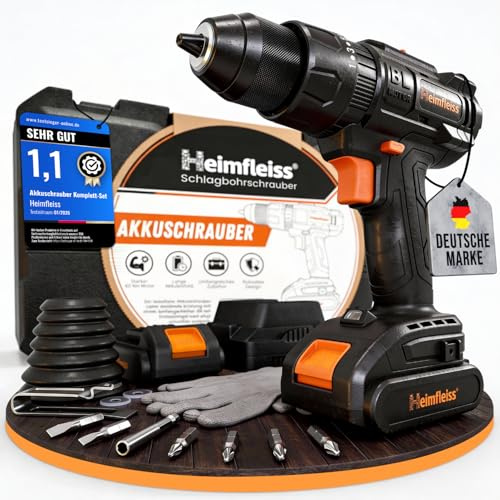 Heimfleiss® Professional 20V Akkuschrauber Set | 3-in-1 Akku Schlagbohrschrauber inkl. 2x 2.0Ah Akkus + Ladegerät | 2-Gang Bürstenloser Akku Bohrschrauber mit 60Nm | Werkzeugkoffer mit Akkuschrauber
